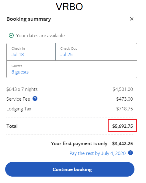 Booking comparison of fees for VRBO