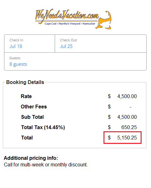 Booking comparison of fees for WeNeedaVacation
