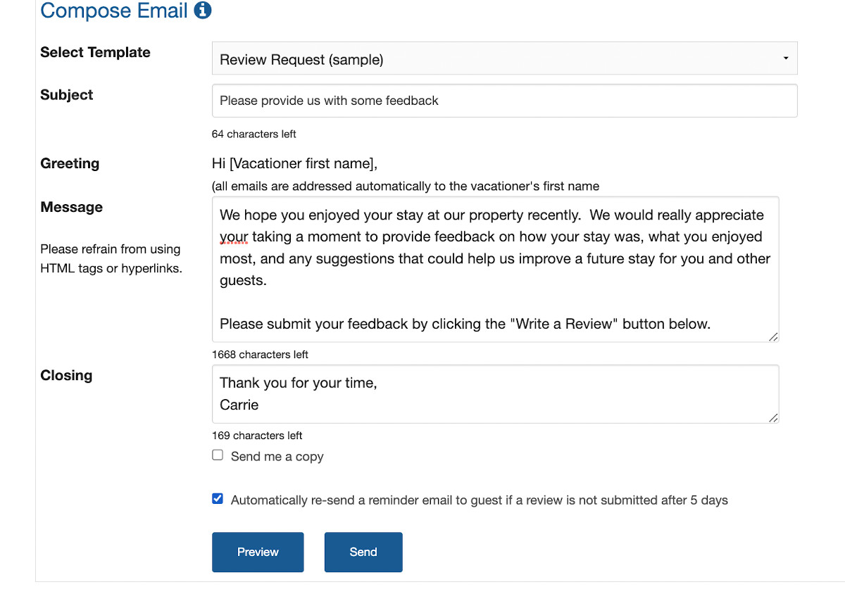 Guest Review Request compose email